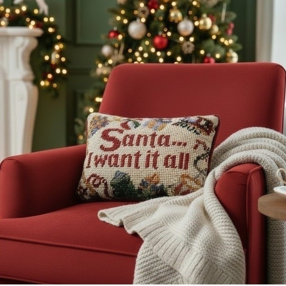 Vintage Custom Needlepoint Christmas Pillow, Santa I Want It All Text, Red 8"